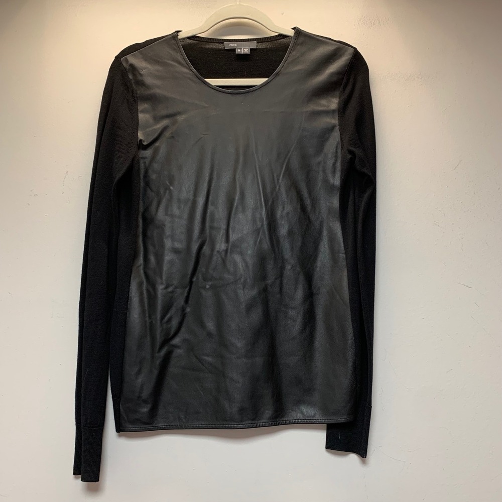 Vince Sweater Women Medium Black Excellent Leather Front Mixed Media Long Sleeve